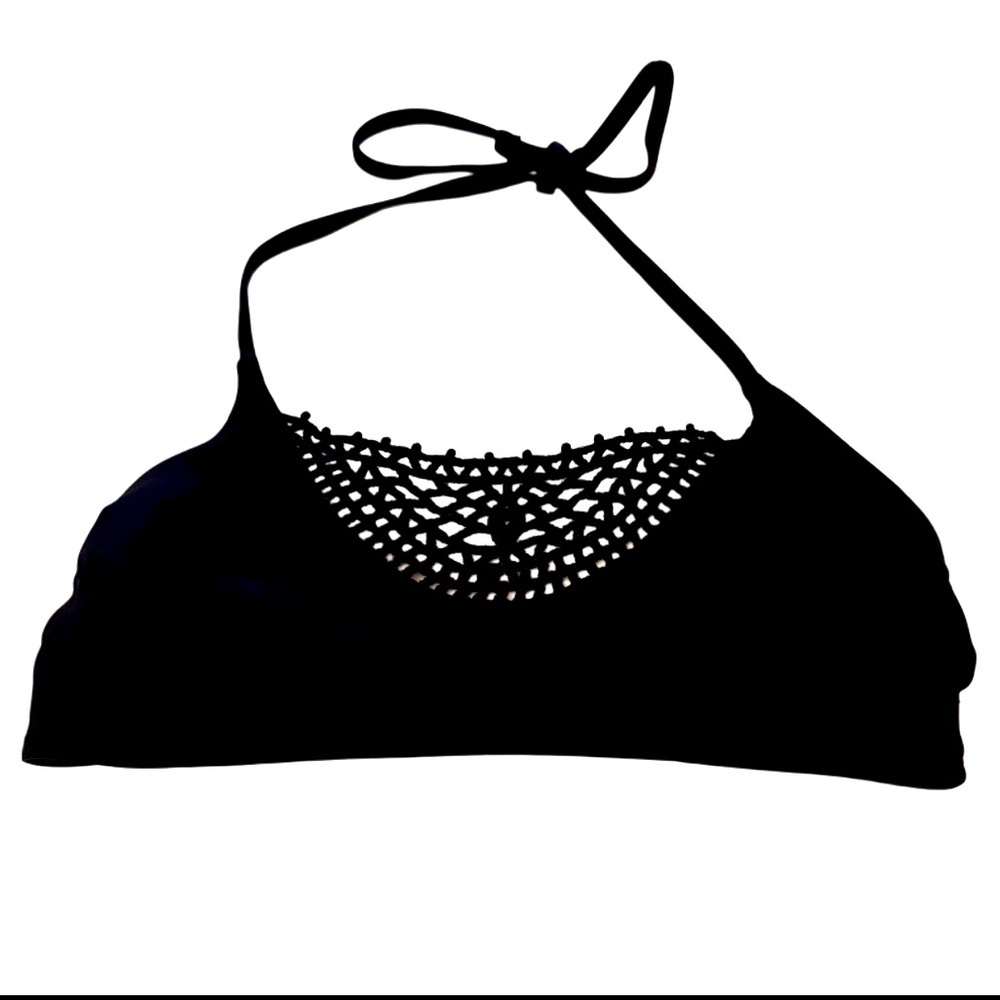 Women’s NWOT Xhiliration Black Halter Bikini Top with Crochet Detail, Medium